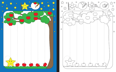 Preschool worksheet for practicing fine motor skills - tracing dashed lines of falling applesのイラスト素材