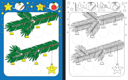 Preschool worksheet for practicing fine motor skills - tracing dashed lines of Christmas ornamentsのイラスト素材