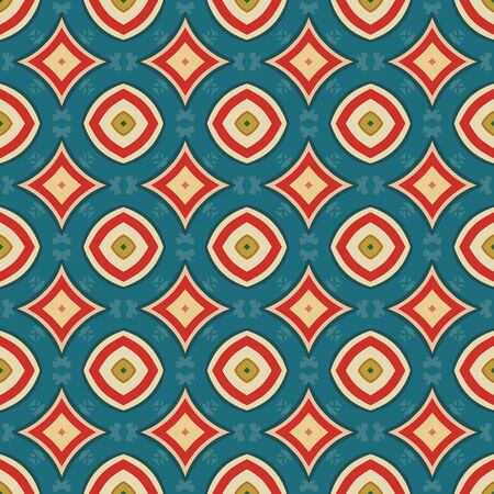 Seamless illustrated pattern made of abstract elements in beige, turquoise, yellow, red and brownのイラスト素材