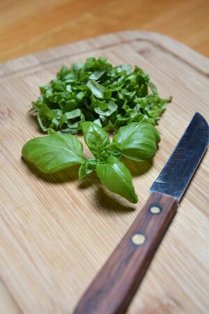 Close up of basil leaves and knife on a cutting boardの写真素材