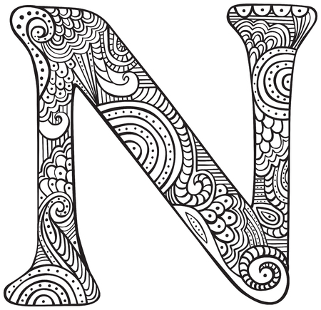 Hand drawn capital letter N in black - coloring sheet for adultsのイラスト素材