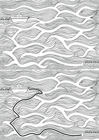 Easy ferry maze for younger kids with a solution in black and whiteのイラスト素材