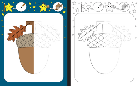 Preschool worksheet for practicing fine motor skills - tracing dashed lines - finish the illustration of the acornのイラスト素材