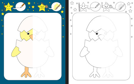 Preschool worksheet for practicing fine motor skills - tracing dashed lines - finish the illustration of chicken