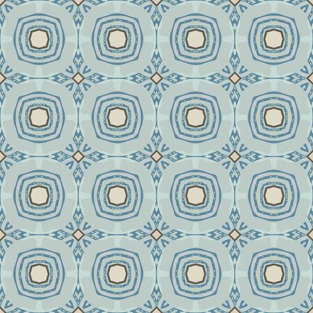 Seamless illustrated pattern made of abstract elements in beige, blue and dark gray