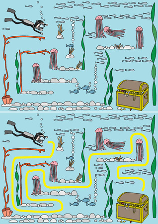 Easy sunken treasure maze for younger kids with a solutionのイラスト素材