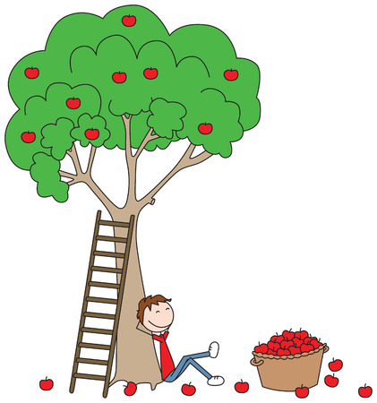 Cartoon illustration of a boy sitting under apple tree with basket full of apples beside himのイラスト素材