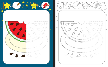 Preschool worksheet for practicing fine motor skills - tracing dashed lines - finish the illustration of watermelon slice on a plateのイラスト素材