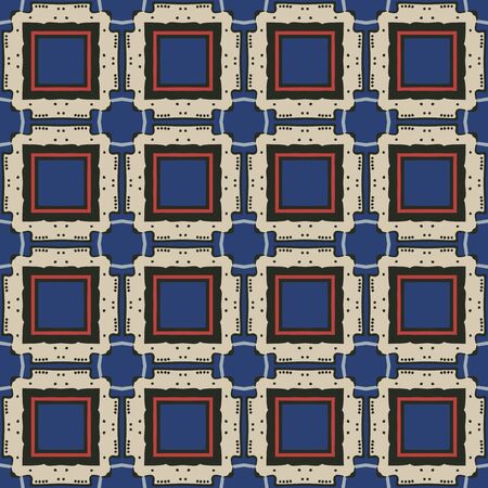 Seamless illustrated pattern made of abstract elements in beige, blue, red and black