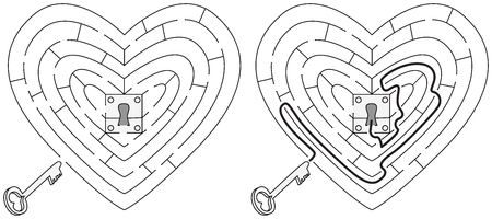 Easy heart maze for younger kids with a solution in black and whiteのイラスト素材