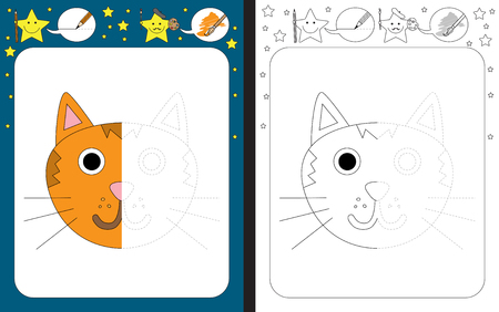 Preschool worksheet for practicing fine motor skills - tracing dashed lines - finish the illustration of a catのイラスト素材