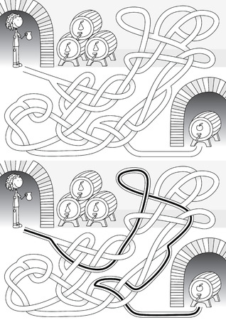 Cellar maze for kids with a solution in black and whiteのイラスト素材