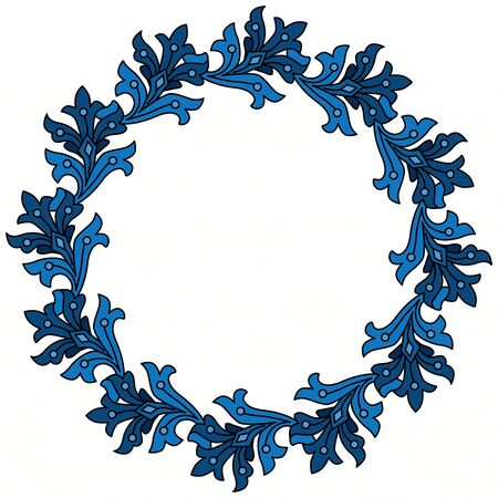Decorative illustrated circle frame made of blue leafelike elementsのイラスト素材