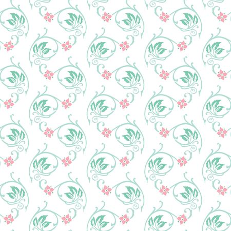 Seamless illustrated pattern made of turquoise leaves and pink flowers on whiteのイラスト素材