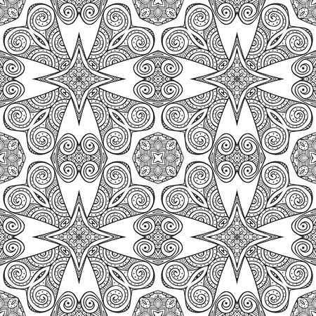 Seamless illustrated pattern made of black hand drawn elements on white - coloring sheet for adultsのイラスト素材