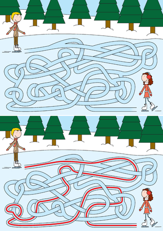 Ice skating maze for kids with a solutionのイラスト素材