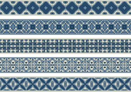 Set of five illustrated decorative borders made of abstract elements in beige and shades of blue.のイラスト素材