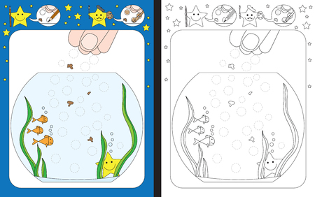 Preschool worksheet for practicing fine motor skills - tracing dashed lines of food for goldfish.のイラスト素材