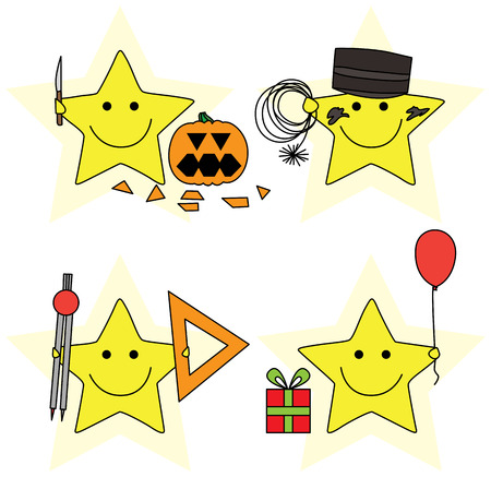 Set of four happy Illustrated cartoon stars - with pumpkin, triangle, compass,gift and balloon and as chimney sweeperのイラスト素材