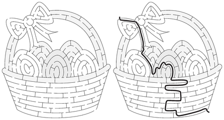 Easter basket maze for younger kids with a solution in black and whiteのイラスト素材