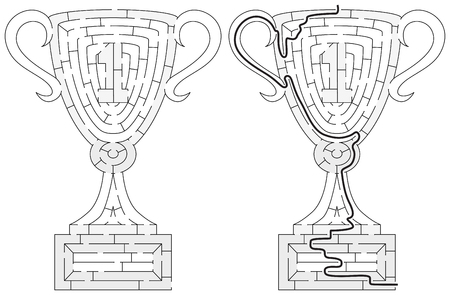 First place cup maze for younger kids with a solution in black and whiteのイラスト素材