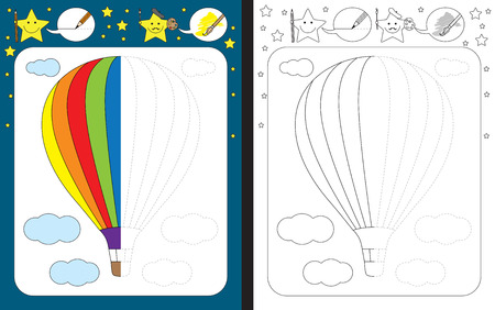 Preschool worksheet for practicing fine motor skills - tracing dashed lines - finish the illustration of hot air balloonのイラスト素材
