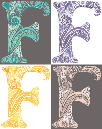 Hand drawn capital letter F in turquoise, purple, yellow and pinkのイラスト素材