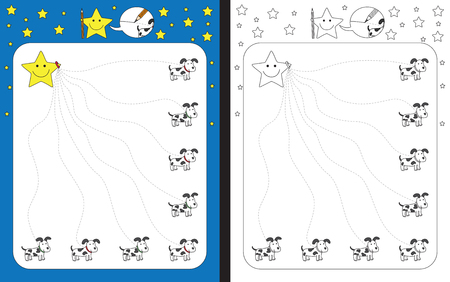 Preschool worksheet for practicing fine motor skills - tracing dashed lines of dog leashesのイラスト素材