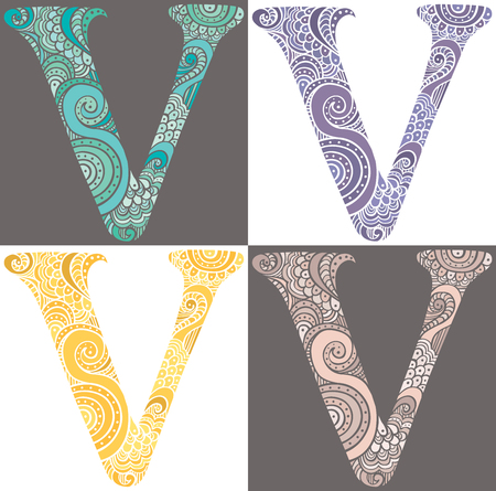 Hand drawn capital letter V in turquoise, purple, yellow and pinkのイラスト素材