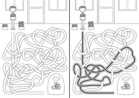 Recycling maze for kids with a solution in black and whiteのイラスト素材
