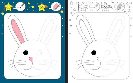 Preschool worksheet for practicing fine motor skills - tracing dashed lines - finish the illustration of a bunnyのイラスト素材
