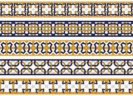 Set of five illustrated decorative borders made of abstract elements in white,beige, yellow, blue and black.のイラスト素材