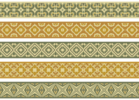 Set of five illustrated decorative borders made of abstract elements in light yellow, orange and greenのイラスト素材