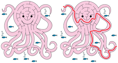 Easy octopus maze for younger kids with a solutionのイラスト素材