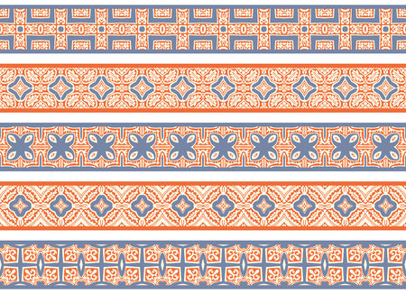 Set of five illustrated decorative borders made of abstract elements in beige, blue and redのイラスト素材