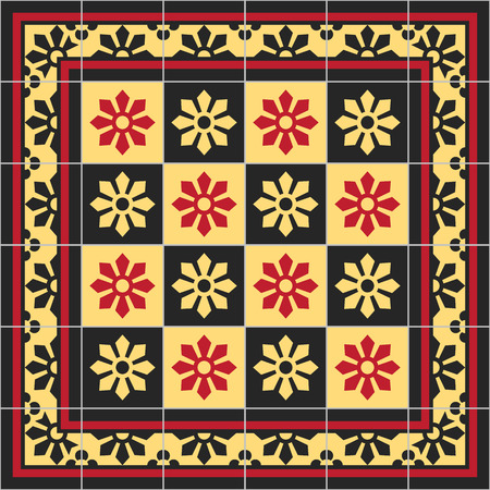 Seamless pattern illustration of decorative tile panel in yellow, red and blackのイラスト素材