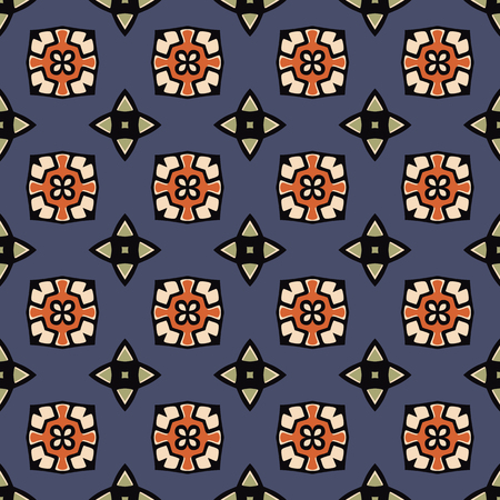 Seamless illustrated pattern made of abstract elements in beige, orange, green, black, blueのイラスト素材