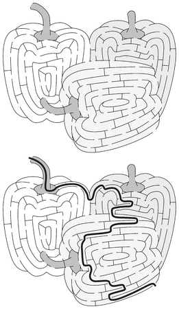 Bell peppers maze for kids with a solutionのイラスト素材