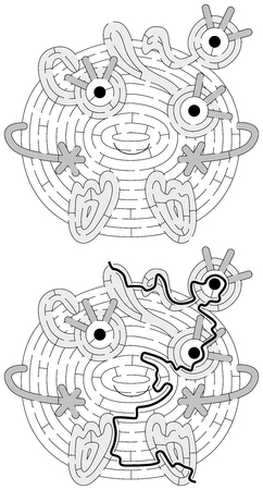 Little monster maze for kids with a solution in black and whiteのイラスト素材