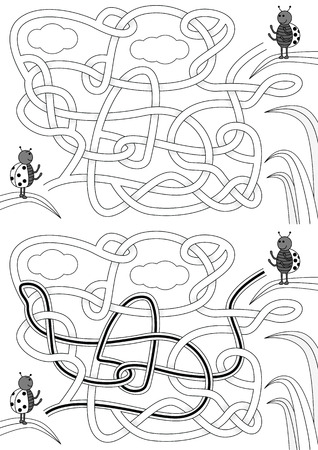 Ladybug maze for kids with a solution in black and whiteのイラスト素材