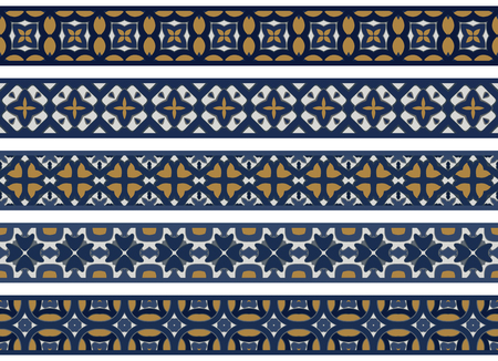 Set of five illustrated decorative borders made of abstract elements in white, blue and brownのイラスト素材