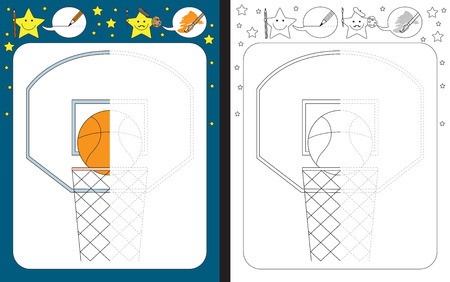 Preschool worksheet for practicing fine motor skills - tracing dashed lines - finish the illustration of a basketballのイラスト素材