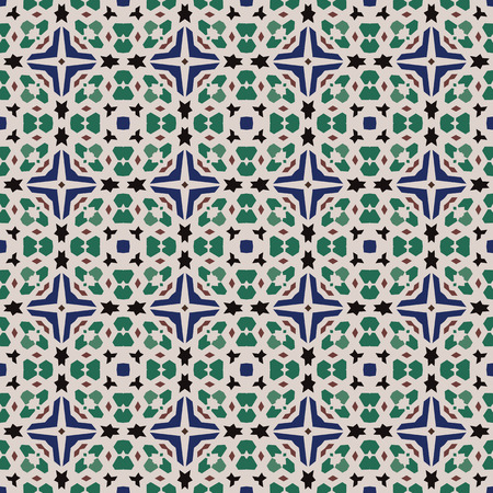 Seamless illustrated pattern made of abstract elements in beige, blue,green, black and brownのイラスト素材
