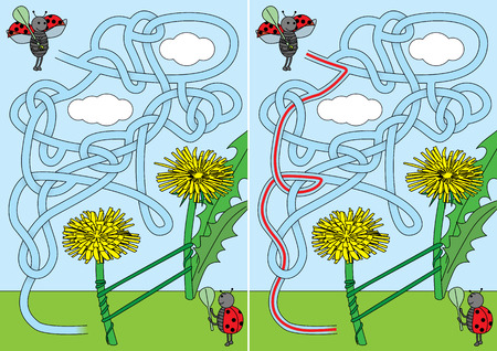 Ladybugs playing tennis maze for kids with a solutionのイラスト素材