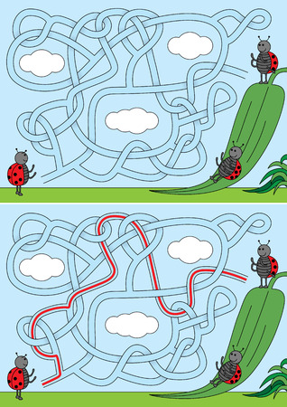 Ladybugs on a slide maze for kids with a solutionのイラスト素材