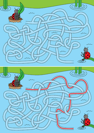Ladybug in a boat maze for kids with a solutionのイラスト素材