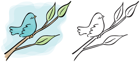 Illustrated cartooon bird sitttin on a branch - colored and outlineのイラスト素材