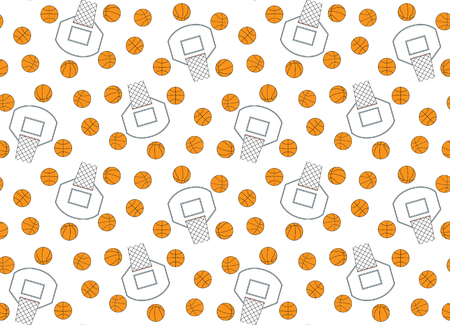 Seamless illustrated pattern made of basketballs and hoops on white のイラスト素材