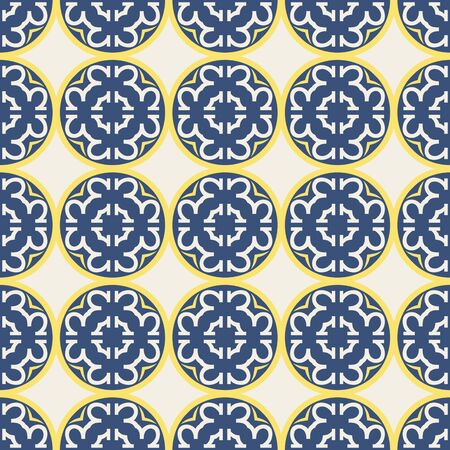 Seamless illustrated pattern made of abstract elements in beige, yellow and blueのイラスト素材