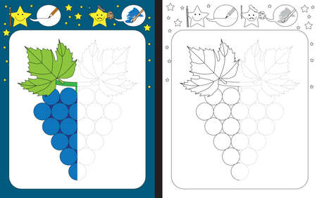 Preschool worksheet for practicing fine motor skills - tracing dashed lines - finish the illustration of a grapeのイラスト素材